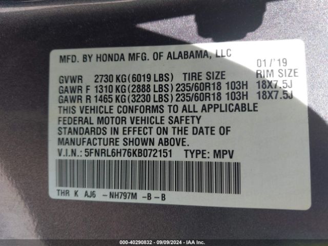 Photo 8 VIN: 5FNRL6H76KB072151 - HONDA ODYSSEY 