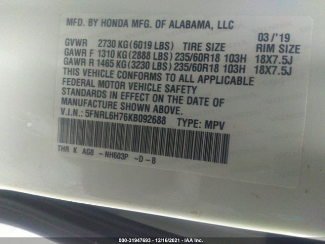 Photo 8 VIN: 5FNRL6H76KB092688 - HONDA ODYSSEY 