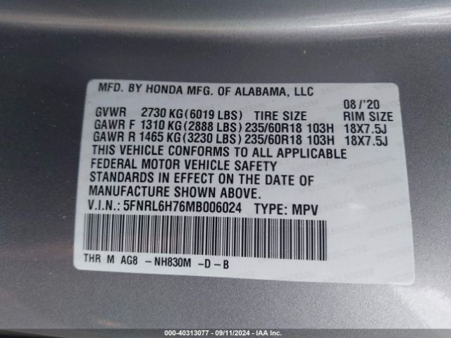 Photo 8 VIN: 5FNRL6H76MB006024 - HONDA ODYSSEY 