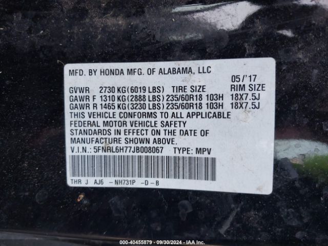 Photo 8 VIN: 5FNRL6H77JB008067 - HONDA ODYSSEY 