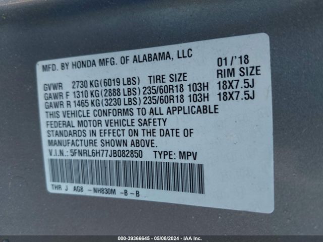 Photo 8 VIN: 5FNRL6H77JB082850 - HONDA ODYSSEY 