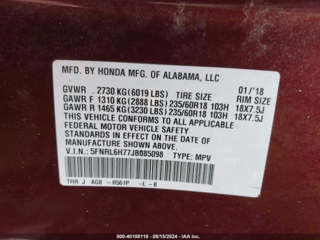 Photo 8 VIN: 5FNRL6H77JB085098 - HONDA ODYSSEY 