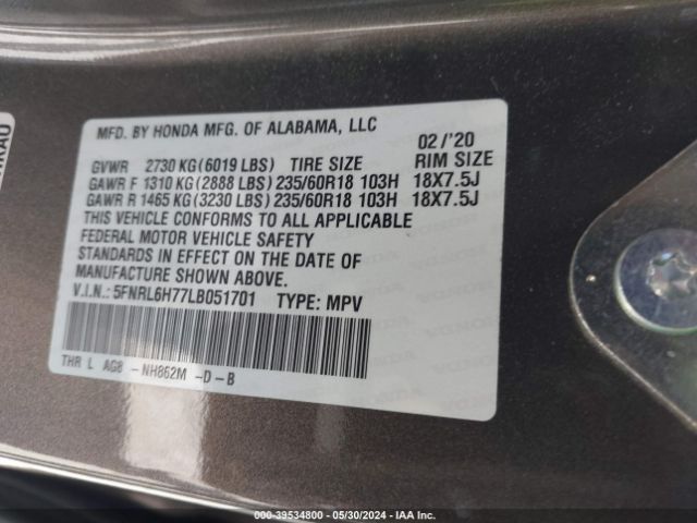 Photo 8 VIN: 5FNRL6H77LB051701 - HONDA ODYSSEY 