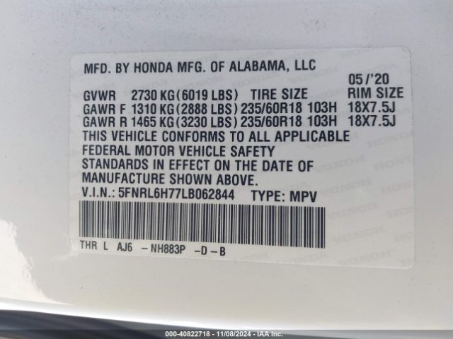 Photo 8 VIN: 5FNRL6H77LB062844 - HONDA ODYSSEY 