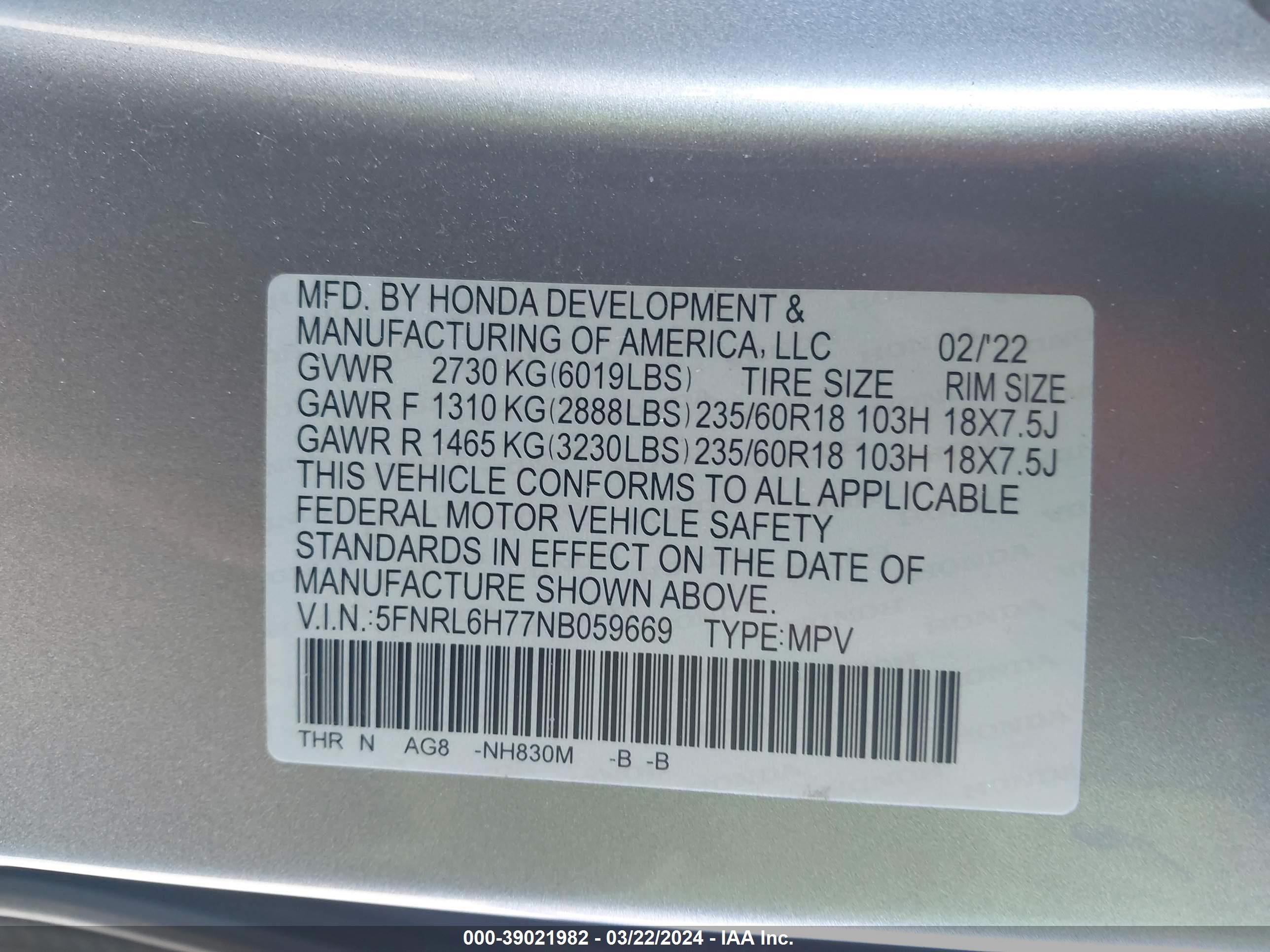 Photo 8 VIN: 5FNRL6H77NB059669 - HONDA ODYSSEY 