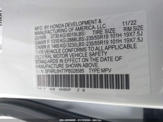 Photo 8 VIN: 5FNRL6H77PB028585 - HONDA ODYSSEY 