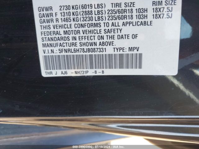 Photo 8 VIN: 5FNRL6H78JB087331 - HONDA ODYSSEY 