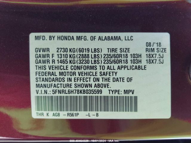 Photo 8 VIN: 5FNRL6H78KB035599 - HONDA ODYSSEY 