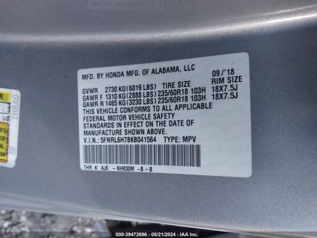 Photo 8 VIN: 5FNRL6H78KB041564 - HONDA ODYSSEY 