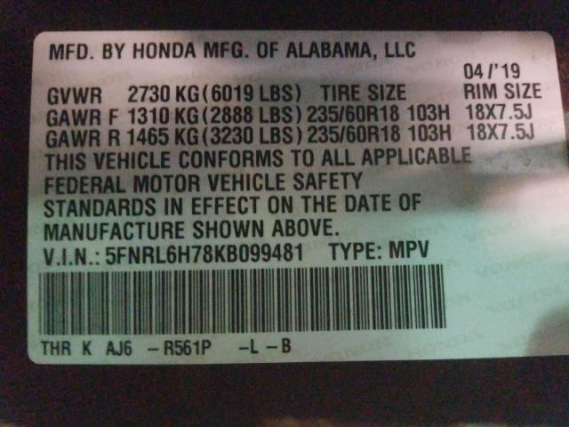 Photo 9 VIN: 5FNRL6H78KB099481 - HONDA ODYSSEY EX 