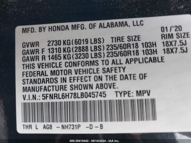 Photo 8 VIN: 5FNRL6H78LB045745 - HONDA ODYSSEY 