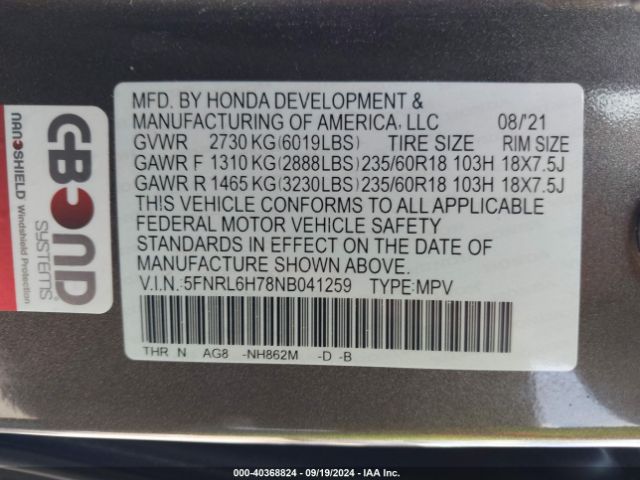 Photo 8 VIN: 5FNRL6H78NB041259 - HONDA ODYSSEY 