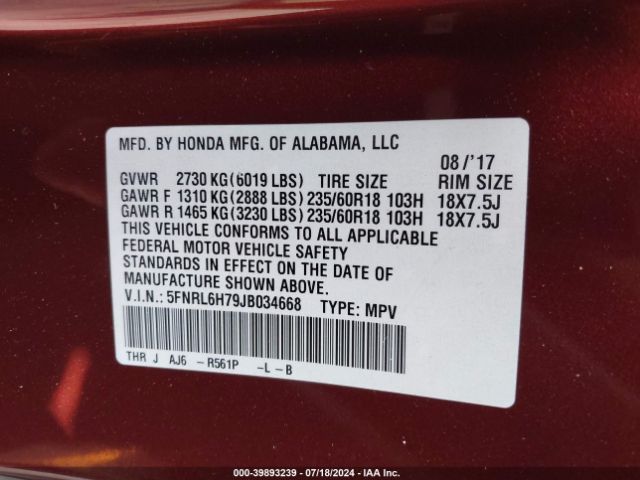 Photo 8 VIN: 5FNRL6H79JB034668 - HONDA ODYSSEY 