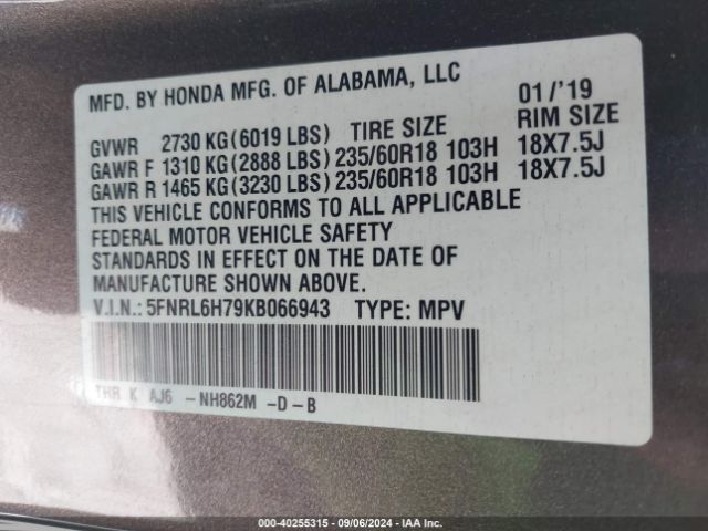 Photo 8 VIN: 5FNRL6H79KB066943 - HONDA ODYSSEY 