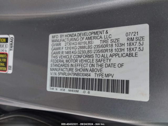 Photo 8 VIN: 5FNRL6H79NB030464 - HONDA ODYSSEY 