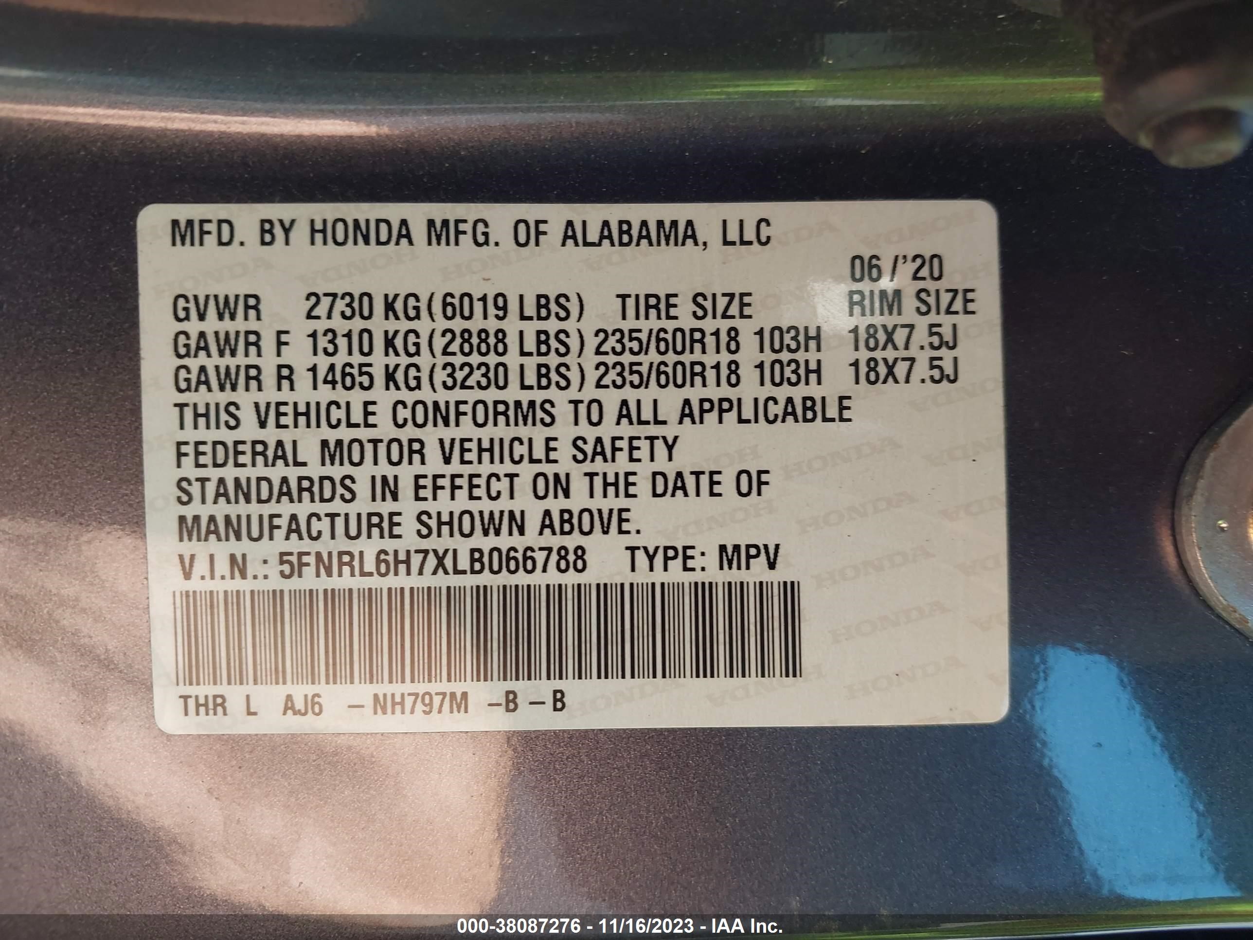 Photo 8 VIN: 5FNRL6H7XLB066788 - HONDA ODYSSEY 