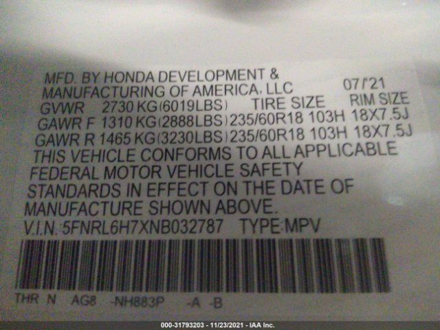 Photo 8 VIN: 5FNRL6H7XNB032787 - HONDA ODYSSEY 