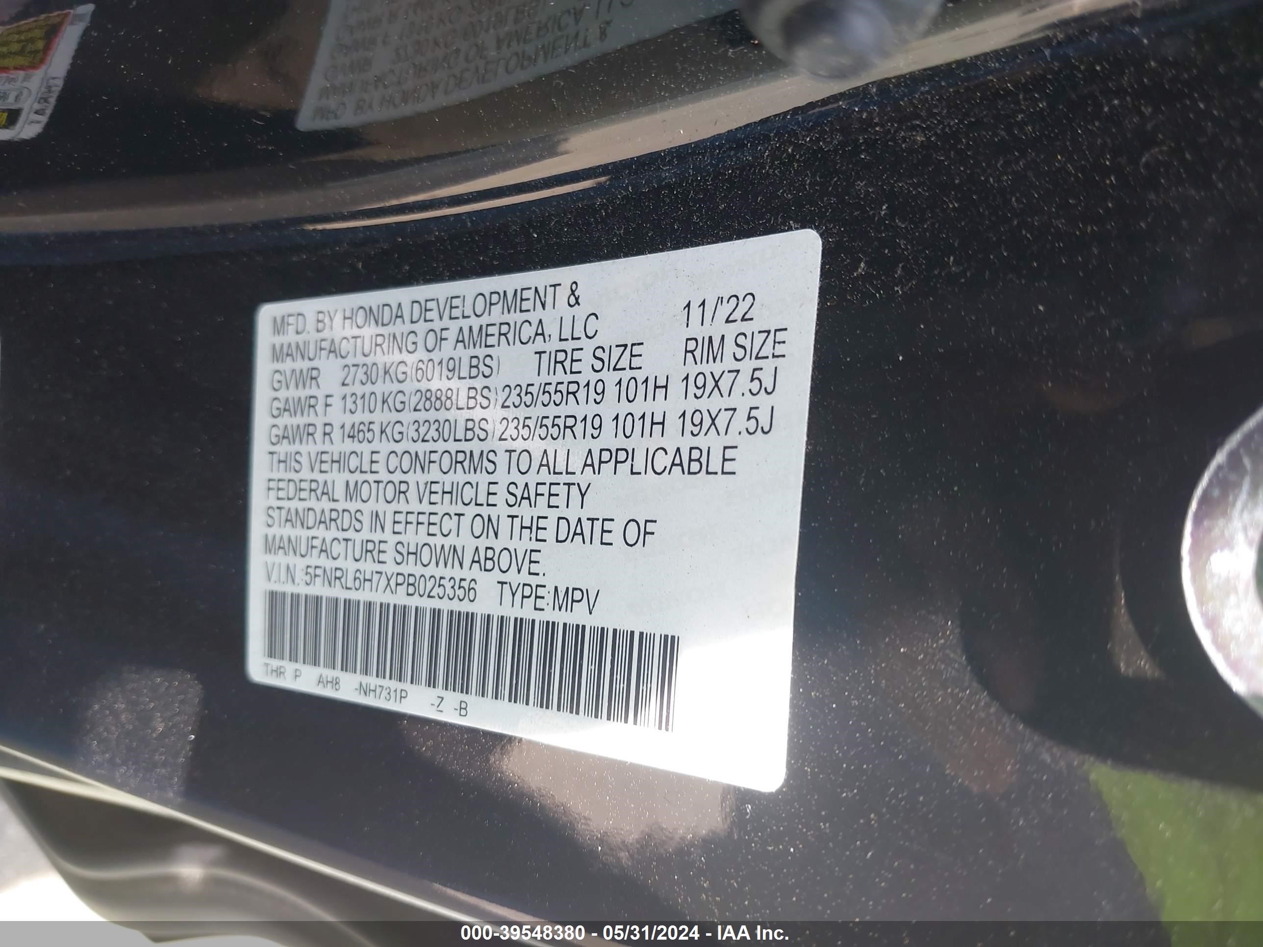 Photo 8 VIN: 5FNRL6H7XPB025356 - HONDA ODYSSEY 