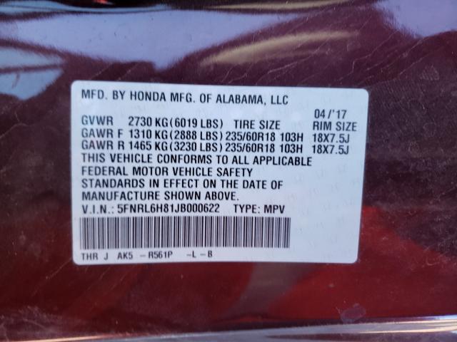 Photo 9 VIN: 5FNRL6H81JB000622 - HONDA ODYSSEY TO 