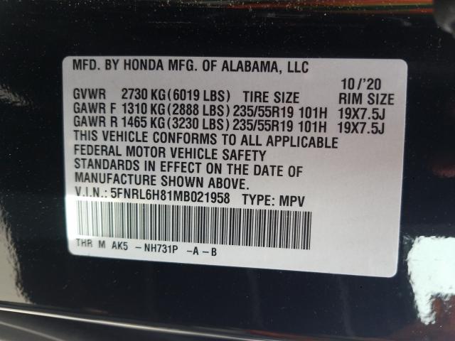 Photo 9 VIN: 5FNRL6H81MB021958 - HONDA ODYSSEY TO 