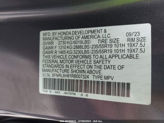 Photo 8 VIN: 5FNRL6H81RB007324 - HONDA ODYSSEY 