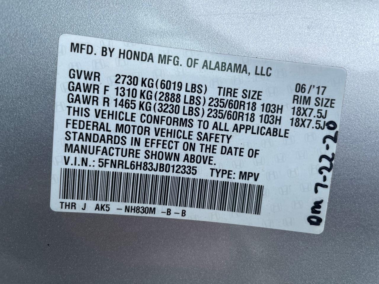 Photo 9 VIN: 5FNRL6H83JB012335 - HONDA ODYSSEY 