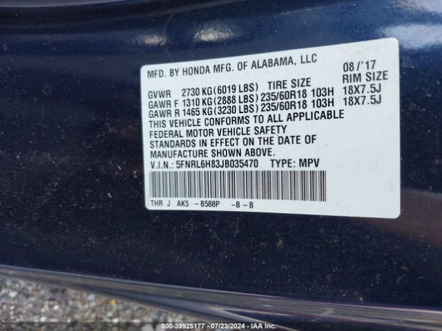 Photo 8 VIN: 5FNRL6H83JB035470 - HONDA ODYSSEY 