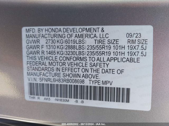 Photo 8 VIN: 5FNRL6H83RB008698 - HONDA ODYSSEY 