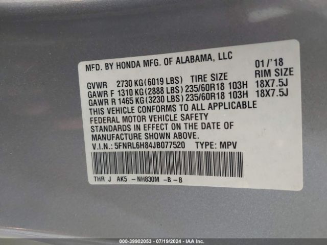 Photo 8 VIN: 5FNRL6H84JB077520 - HONDA ODYSSEY 