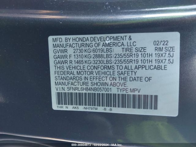 Photo 8 VIN: 5FNRL6H84NB057001 - HONDA ODYSSEY 