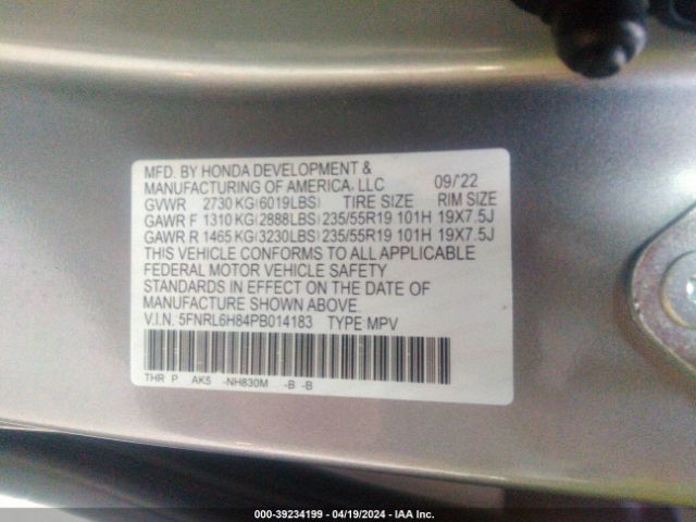 Photo 8 VIN: 5FNRL6H84PB014183 - HONDA ODYSSEY 