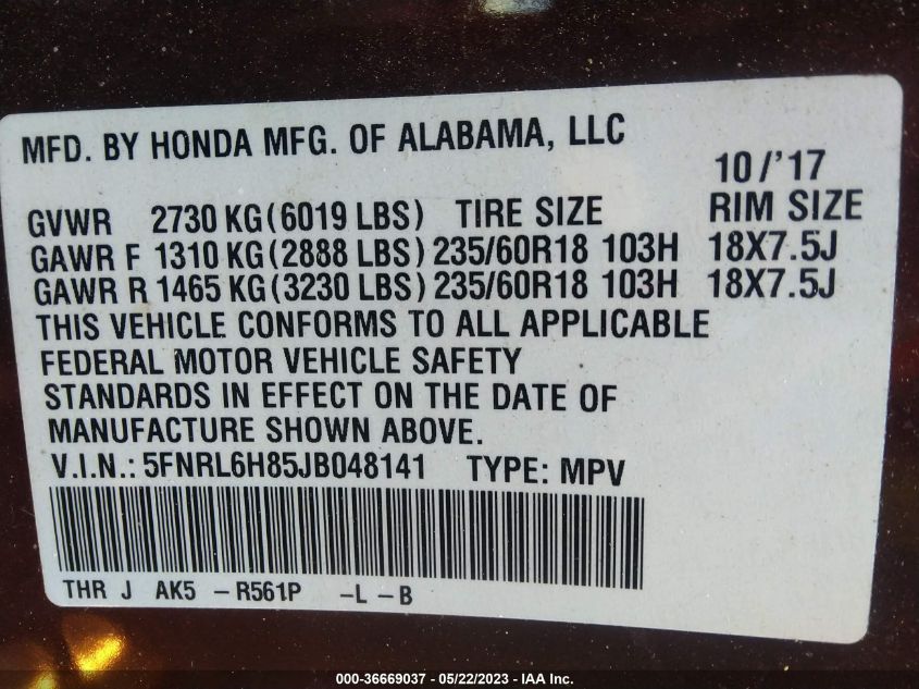 Photo 8 VIN: 5FNRL6H85JB048141 - HONDA ODYSSEY 