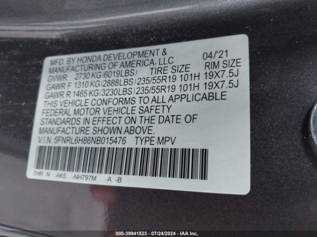 Photo 8 VIN: 5FNRL6H86NB015476 - HONDA ODYSSEY 