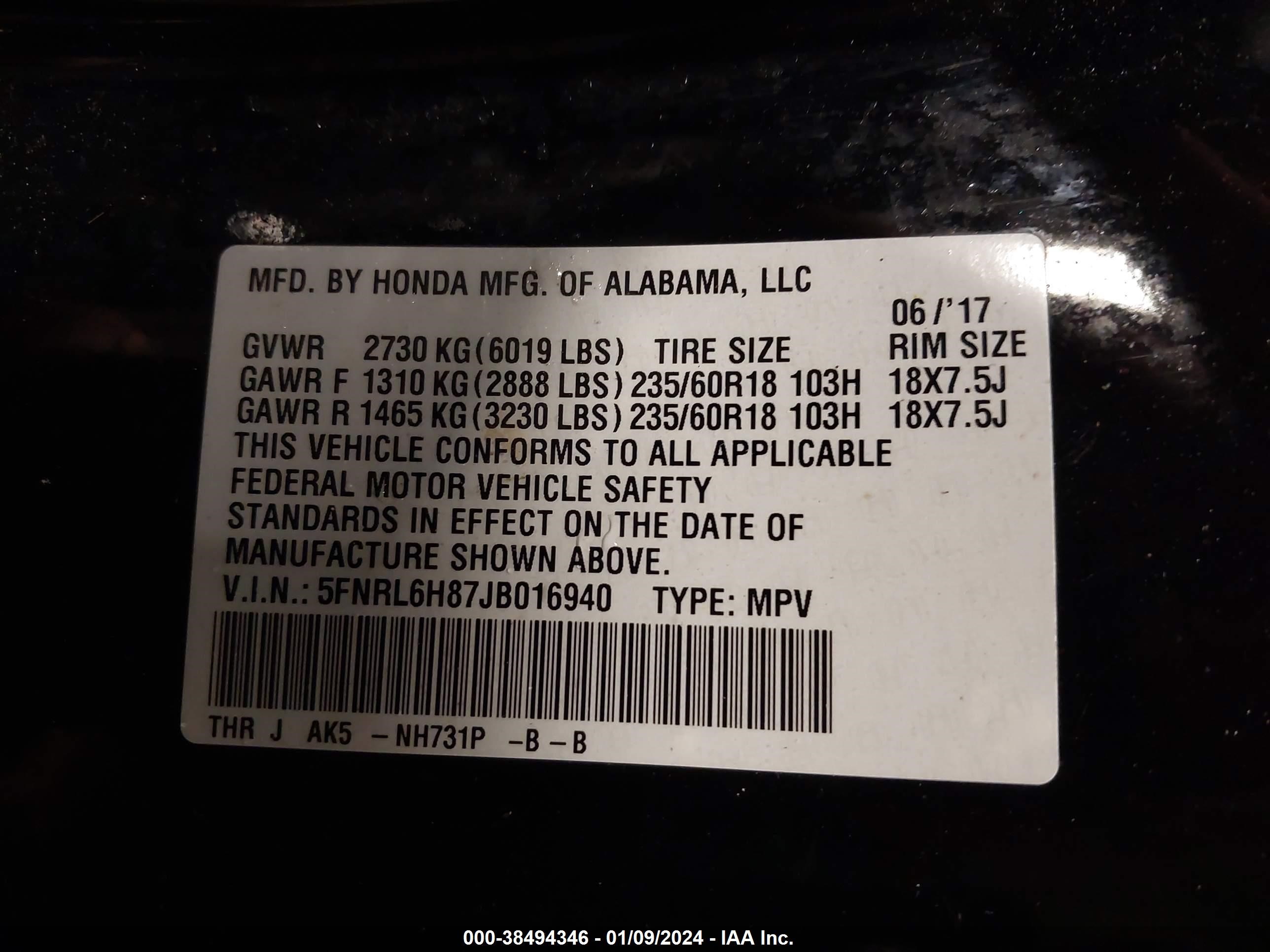 Photo 8 VIN: 5FNRL6H87JB016940 - HONDA ODYSSEY 