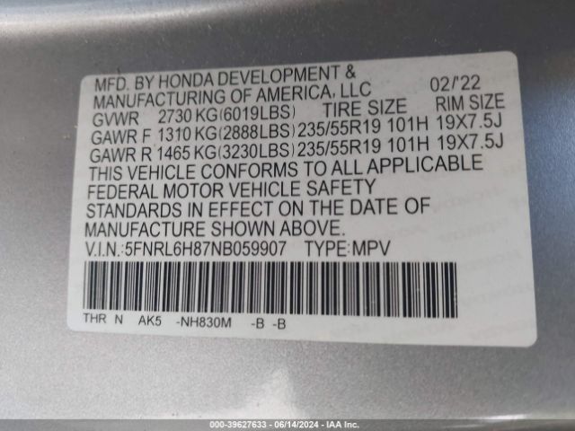 Photo 8 VIN: 5FNRL6H87NB059907 - HONDA ODYSSEY 