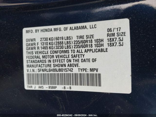 Photo 8 VIN: 5FNRL6H89JB015742 - HONDA ODYSSEY 