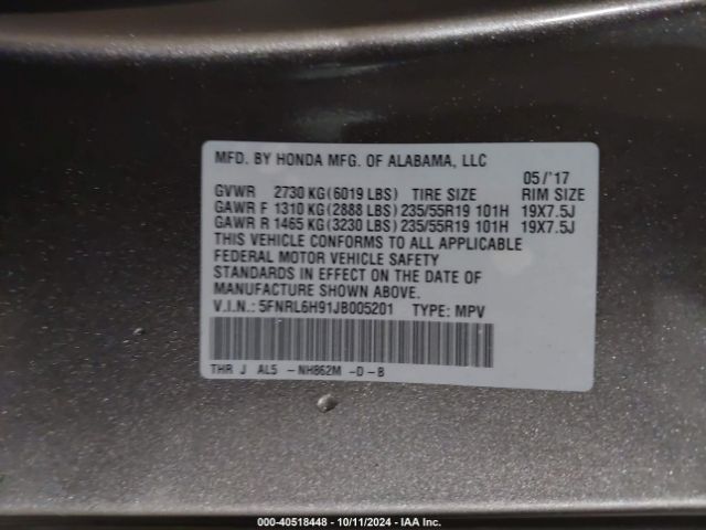 Photo 8 VIN: 5FNRL6H91JB005201 - HONDA ODYSSEY 