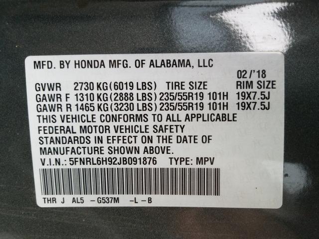 Photo 9 VIN: 5FNRL6H92JB091876 - HONDA ODYSSEY EL 