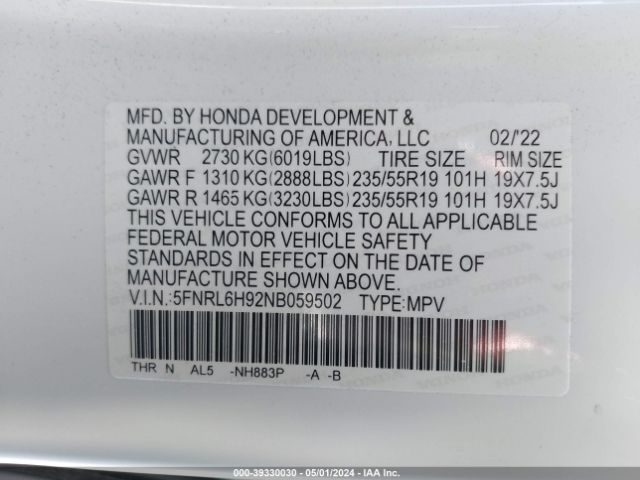 Photo 8 VIN: 5FNRL6H92NB059502 - HONDA ODYSSEY 