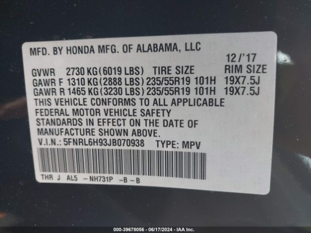 Photo 8 VIN: 5FNRL6H93JB070938 - HONDA ODYSSEY 