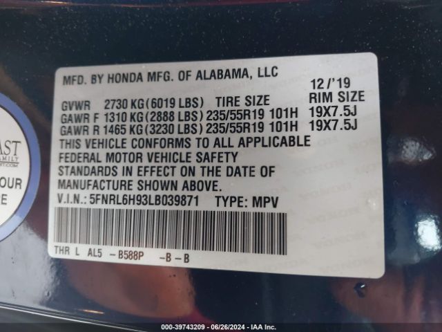 Photo 8 VIN: 5FNRL6H93LB039871 - HONDA ODYSSEY 