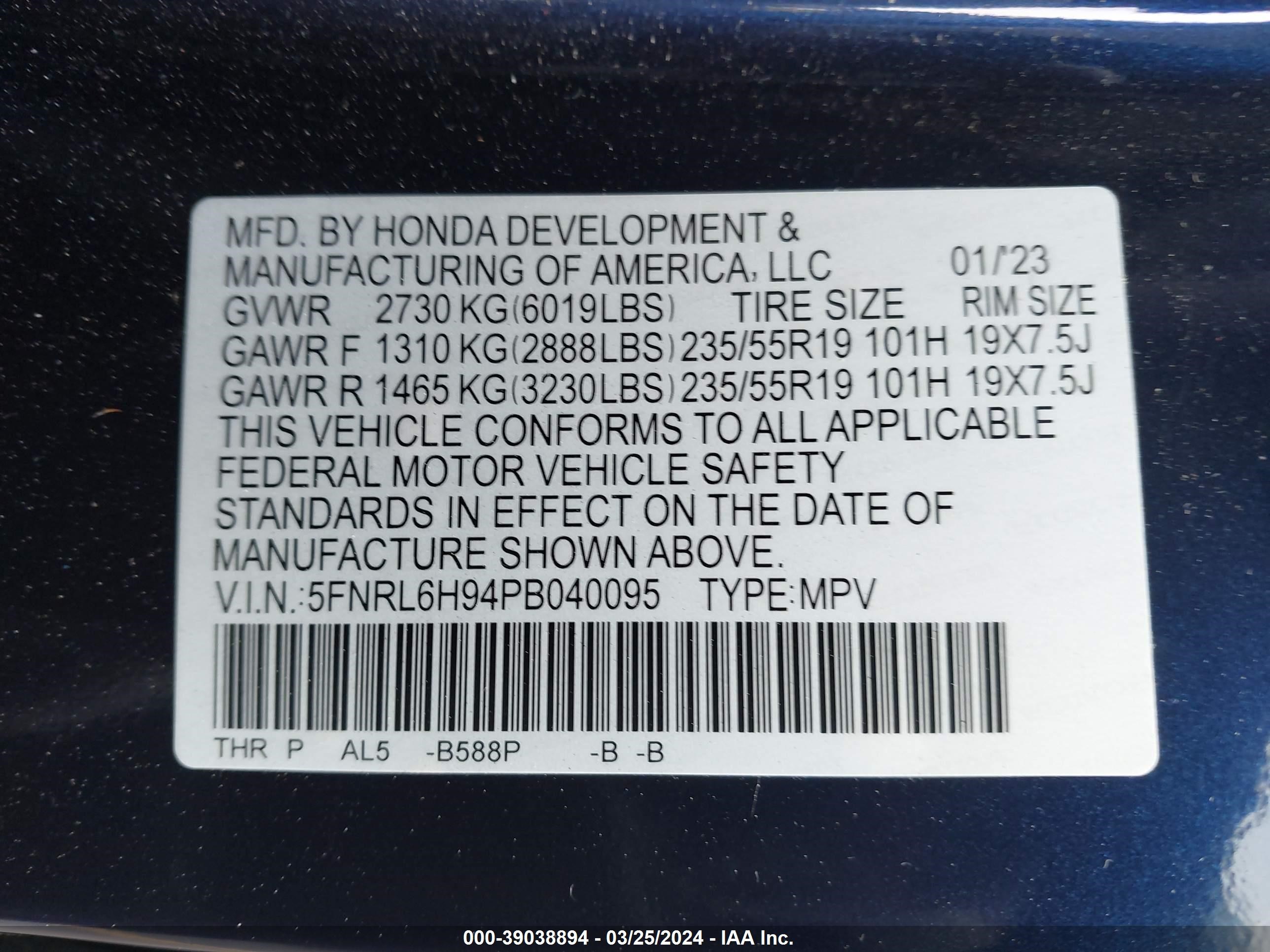 Photo 8 VIN: 5FNRL6H94PB040095 - HONDA ODYSSEY 