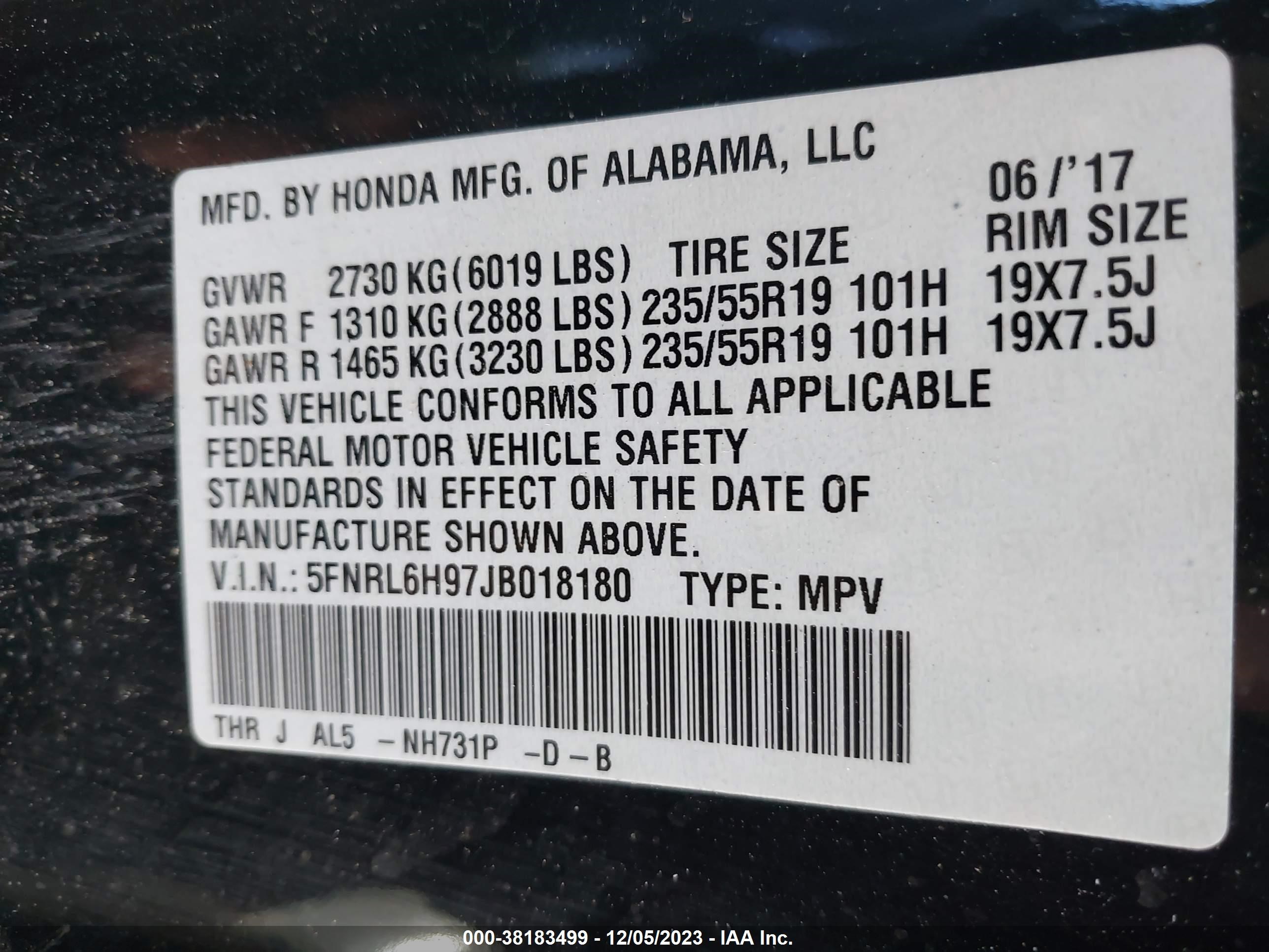 Photo 8 VIN: 5FNRL6H97JB018180 - HONDA ODYSSEY 