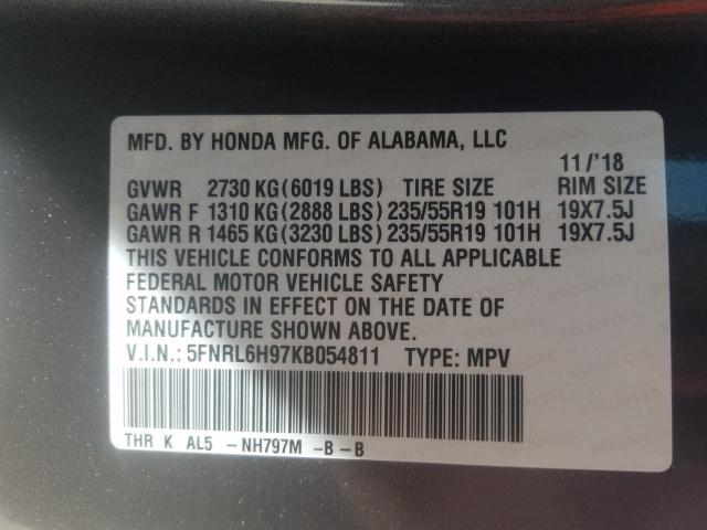 Photo 9 VIN: 5FNRL6H97KB054811 - HONDA ODYSSEY EL 