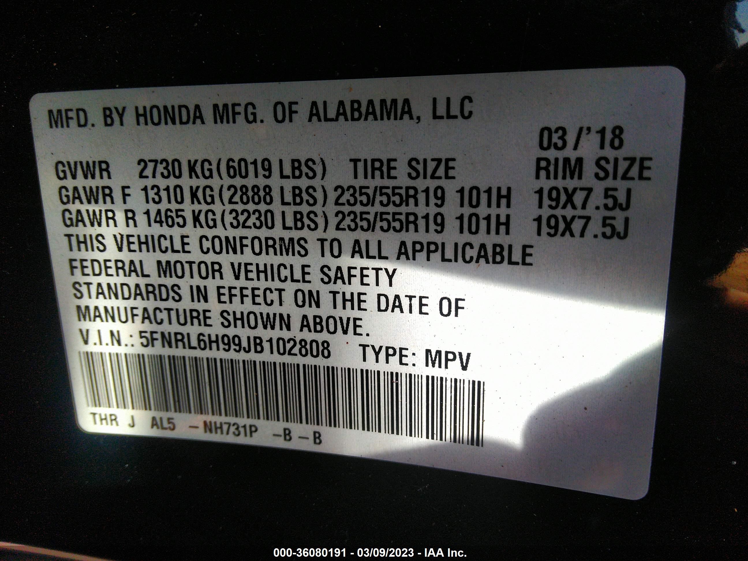 Photo 8 VIN: 5FNRL6H99JB102808 - HONDA ODYSSEY 