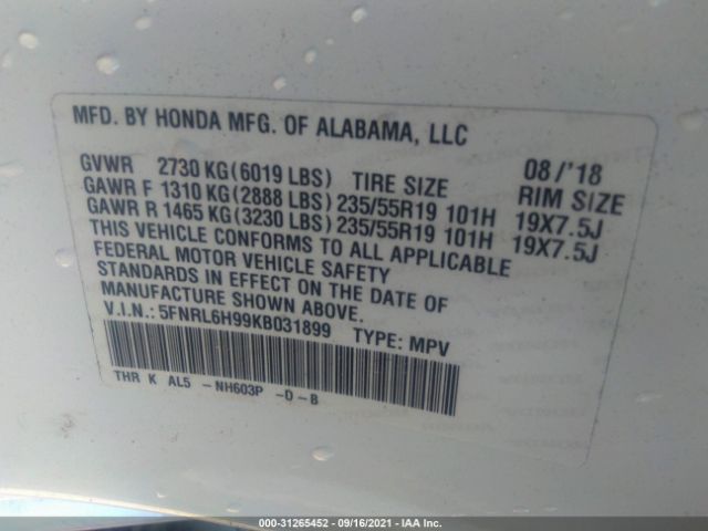 Photo 8 VIN: 5FNRL6H99KB031899 - HONDA ODYSSEY 