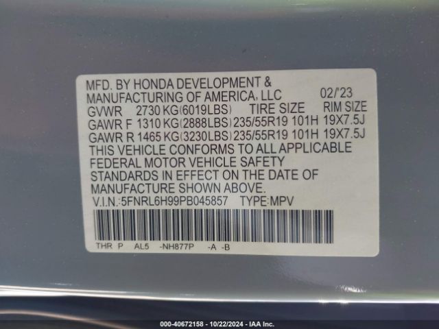 Photo 8 VIN: 5FNRL6H99PB045857 - HONDA ODYSSEY 