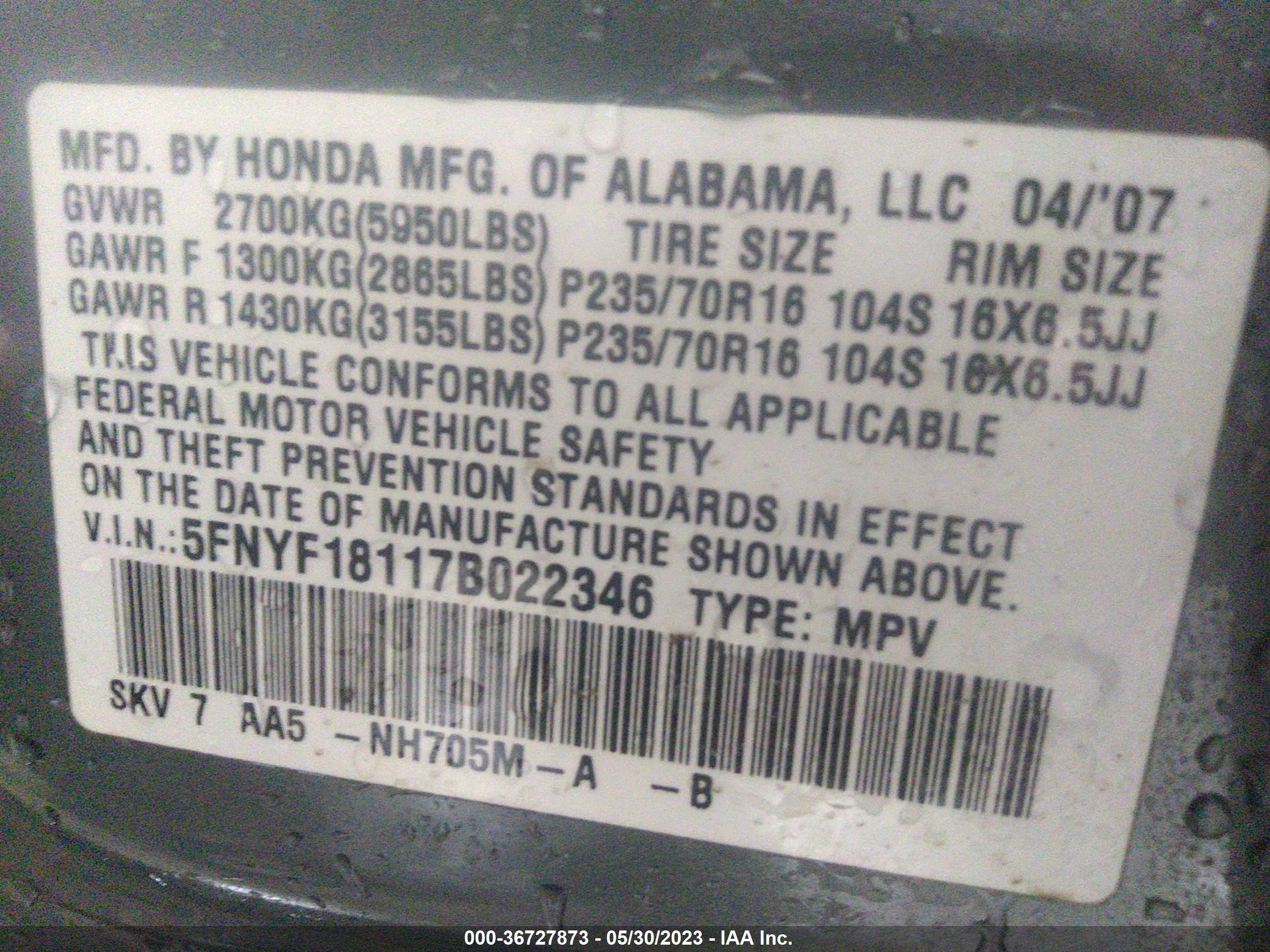 Photo 8 VIN: 5FNYF18117B022346 - HONDA PILOT 