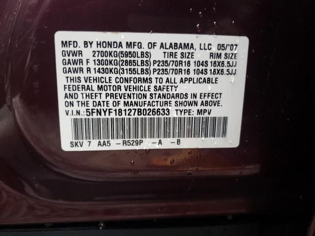 Photo 13 VIN: 5FNYF18127B026633 - HONDA PILOT 