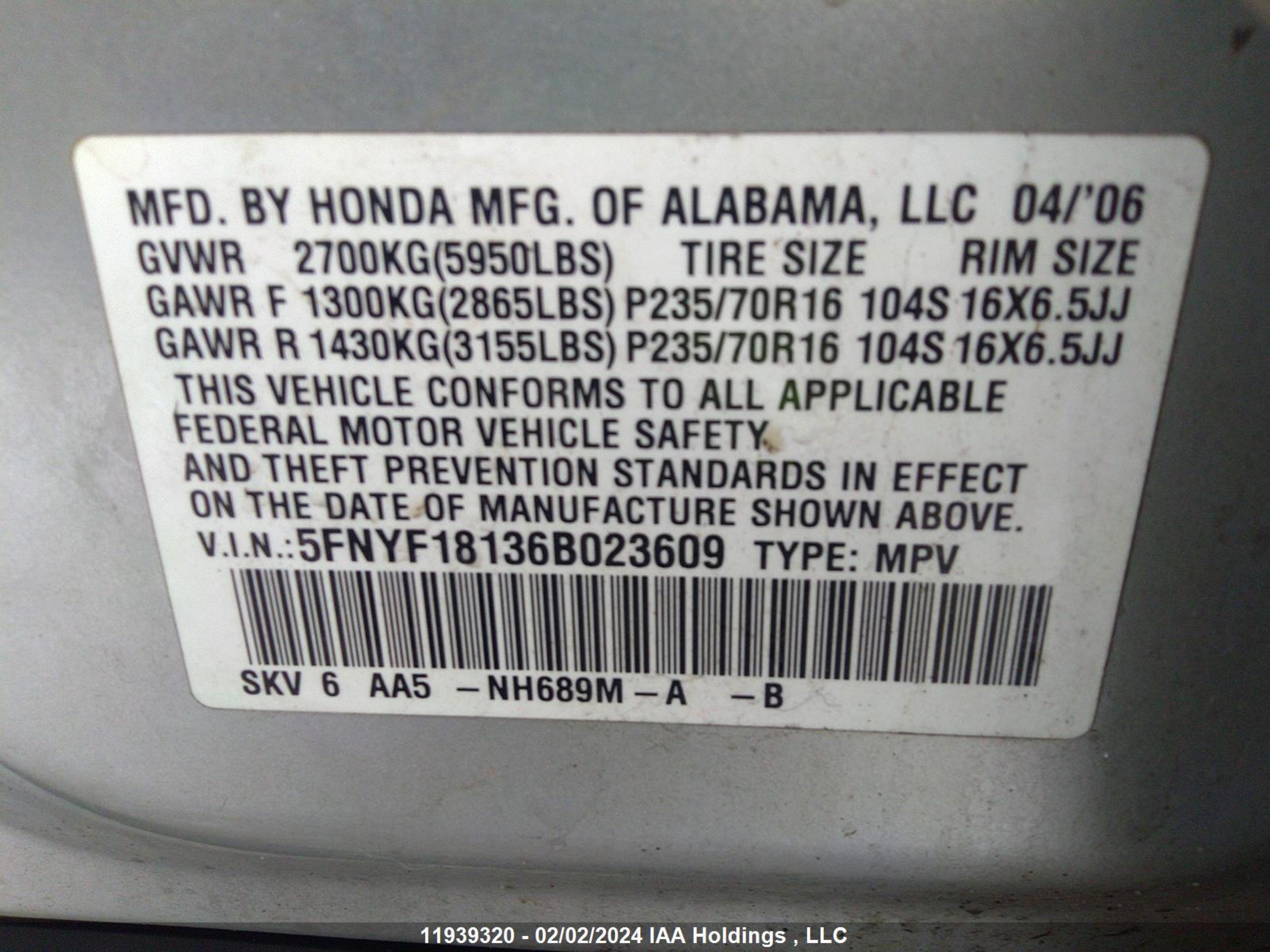 Photo 8 VIN: 5FNYF18136B023609 - HONDA PILOT 